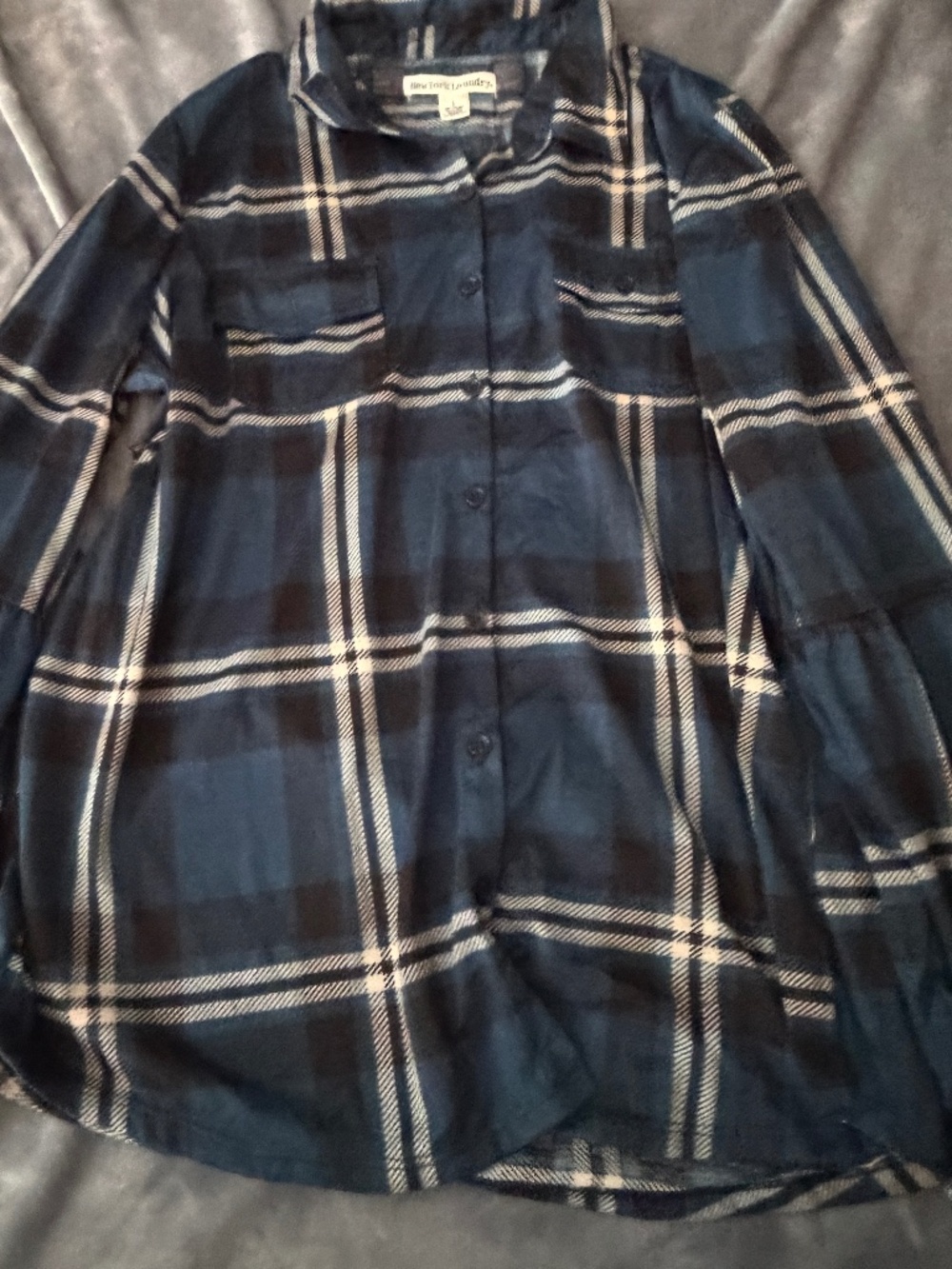 New York Laundry Women's Large Blue Plaid Tiered Sleeve Button Down Shirt